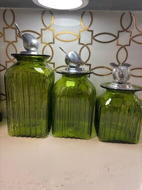 3 Vintage Hand Blown Glass Kitchen Canisters Jars Pewter Tops Fruit Apples Pear